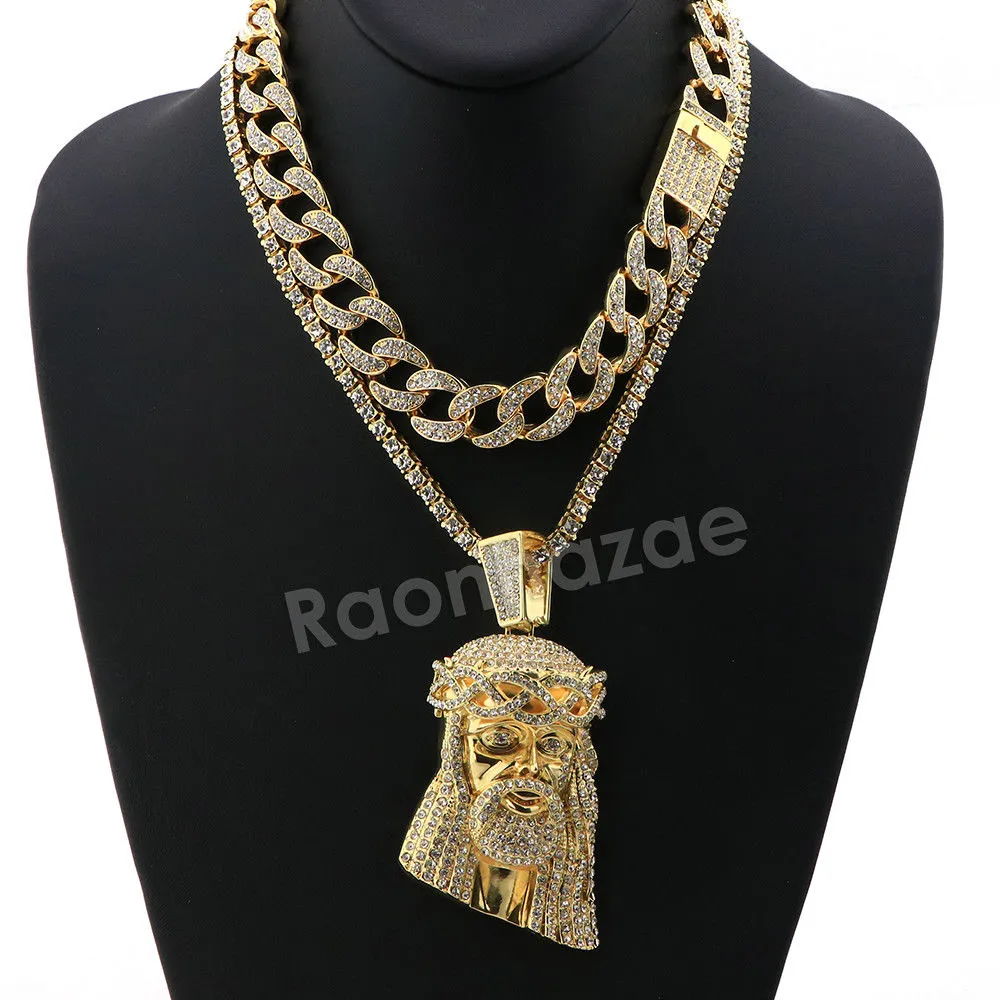 Hip Hop Quavo Jesus Face Miami Cuban Choker Tennis Chain Necklace L29