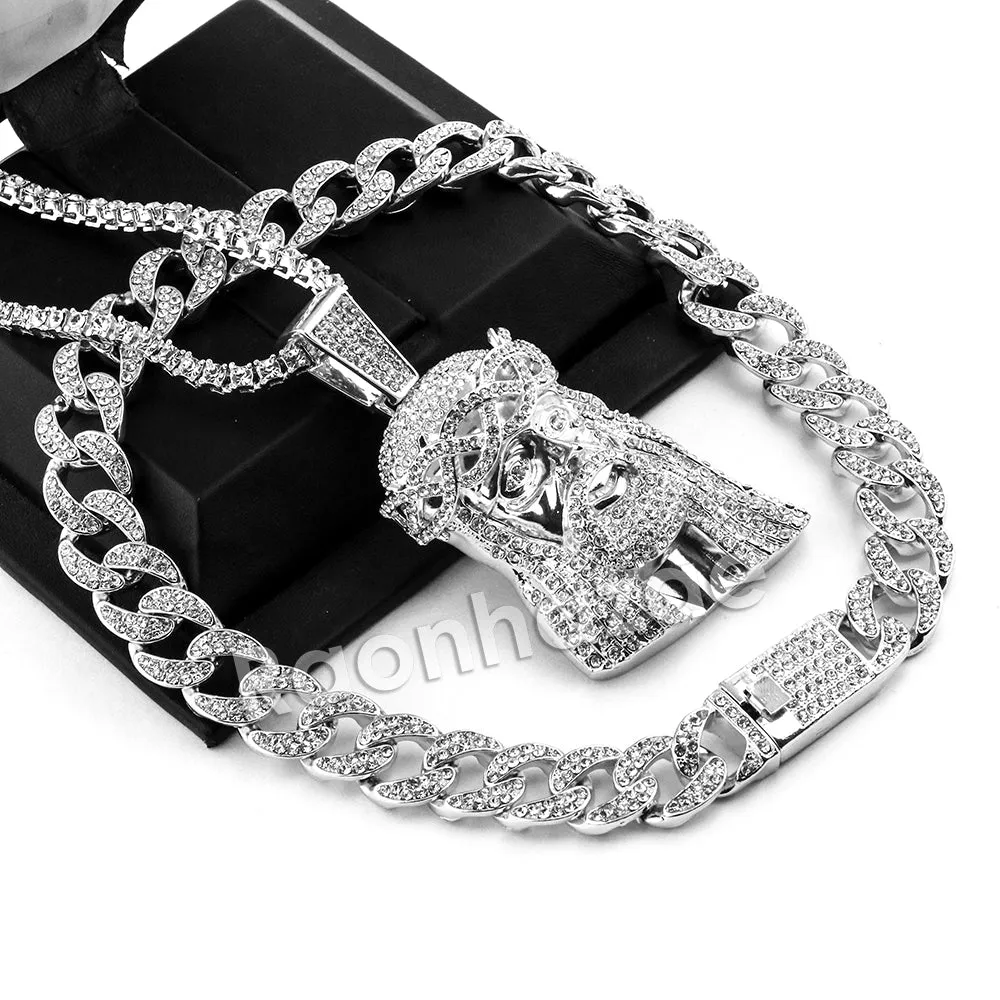 Hip Hop Quavo Jesus Face Miami Cuban Choker Tennis Chain Necklace L29