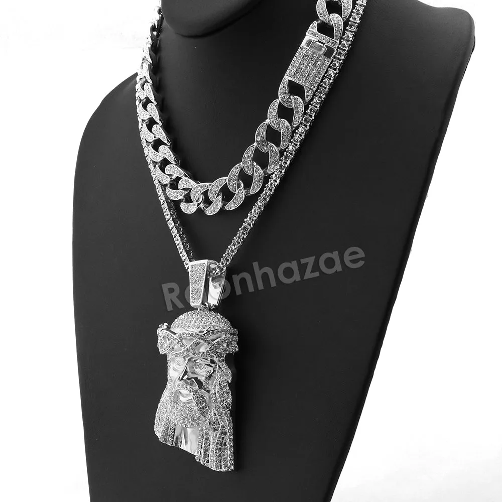 Hip Hop Quavo Jesus Face Miami Cuban Choker Tennis Chain Necklace L29