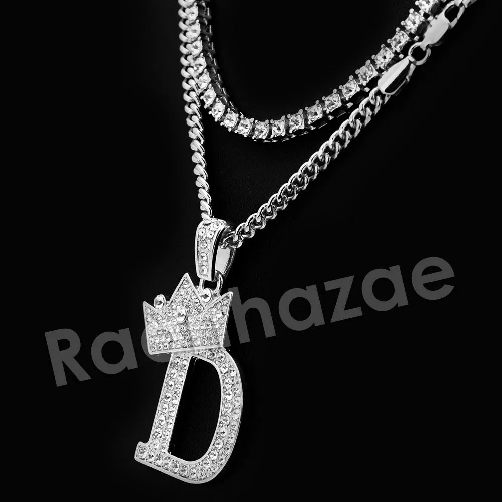 King Crown D Initial Pendant Necklace Set (Silver)