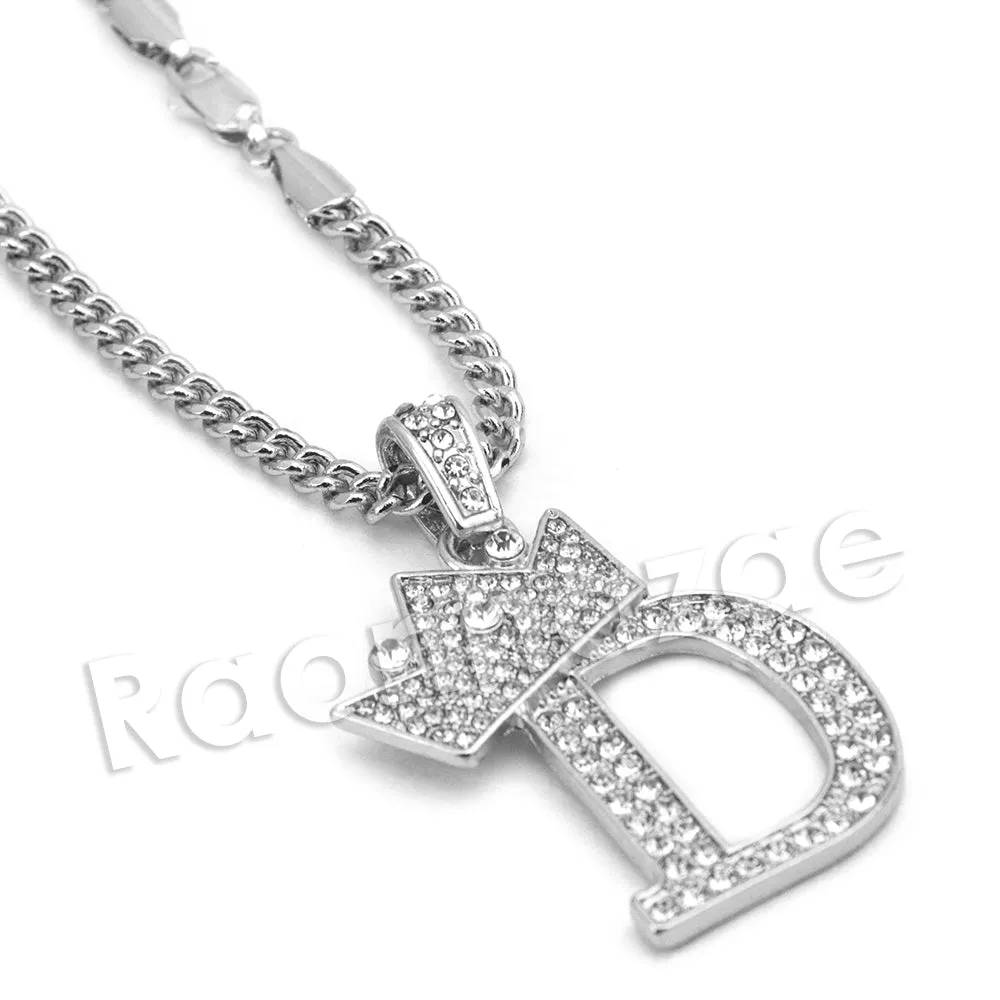King Crown D Initial Pendant Necklace Set (Silver)