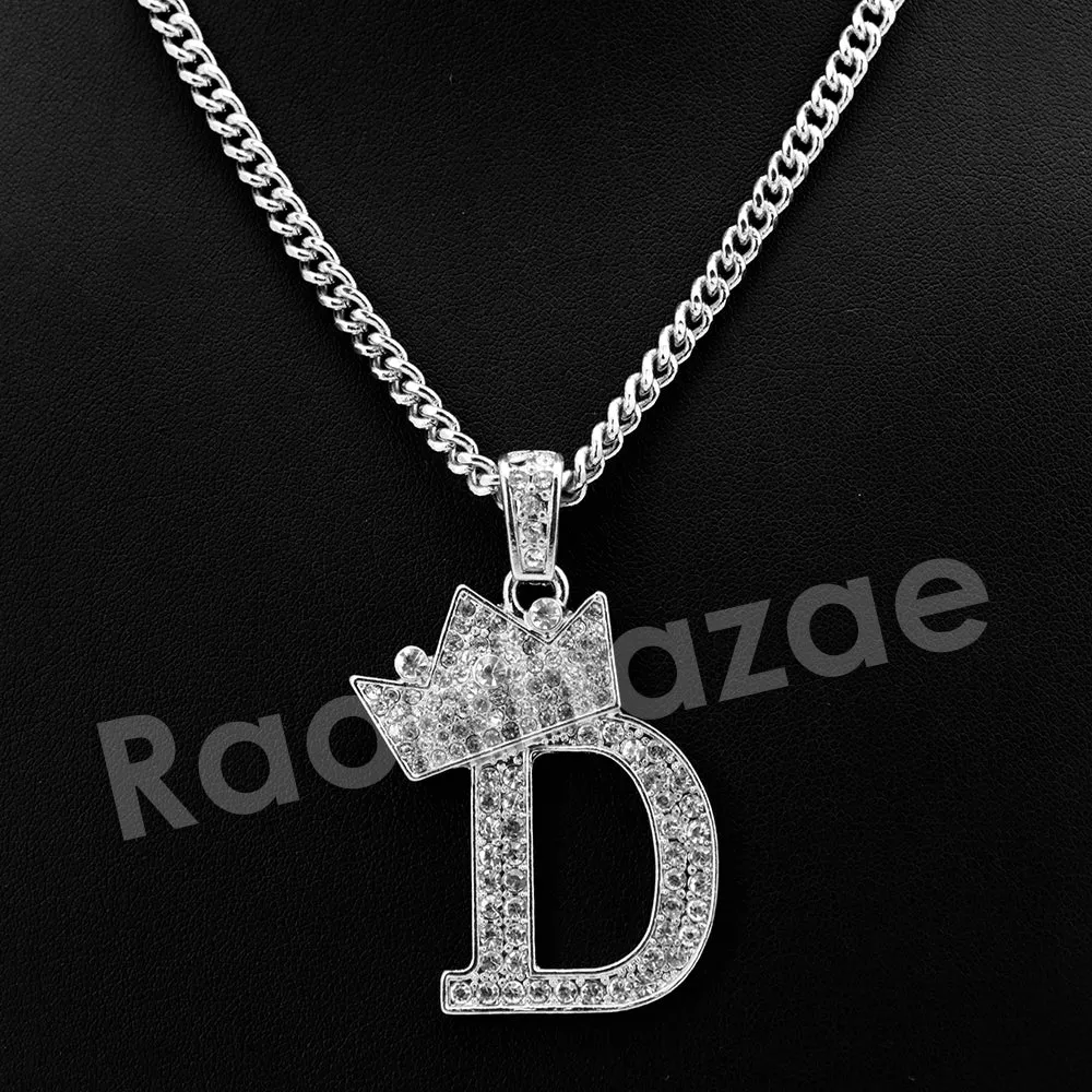 King Crown D Initial Pendant Necklace Set (Silver)