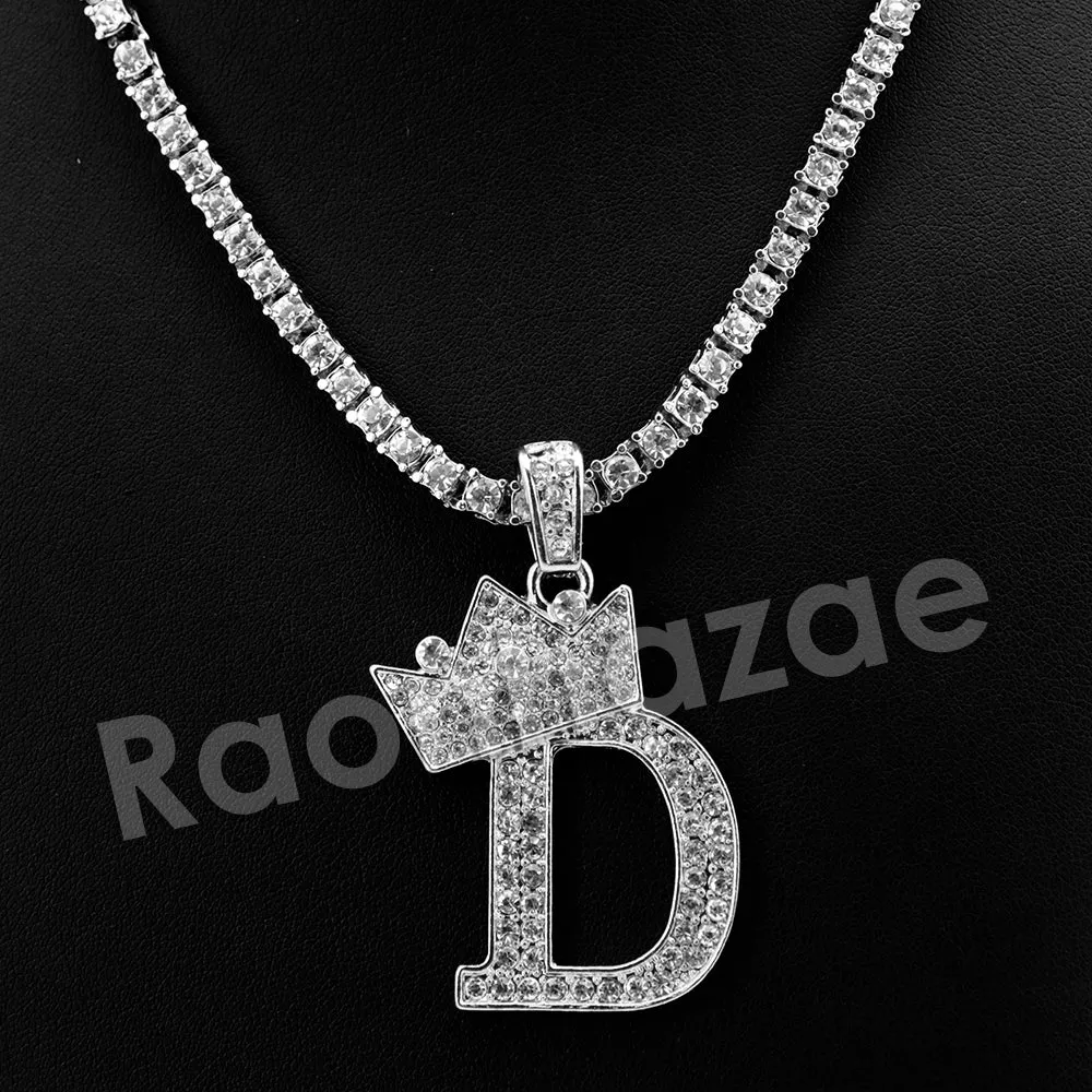 King Crown D Initial Pendant Necklace Set (Silver)
