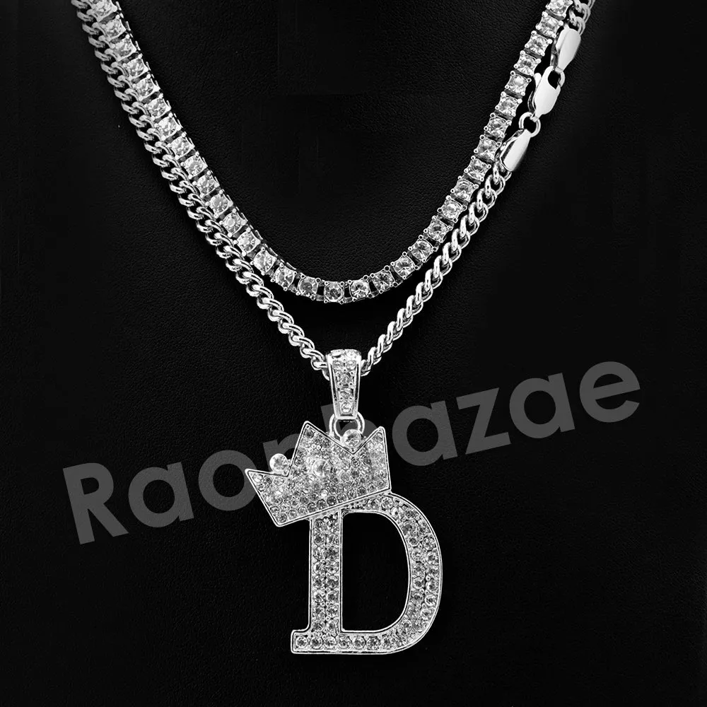 King Crown D Initial Pendant Necklace Set (Silver)