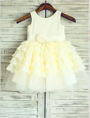 Lace Scoop Sleeveless Flower Girl Dresses Tea Length Ball Gown