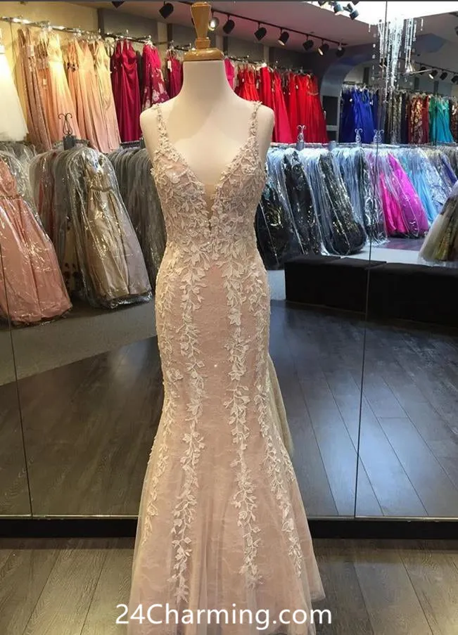Long Lace Applique Mermaid Prom Dresses
