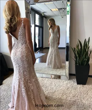 Long Lace Applique Mermaid Prom Dresses