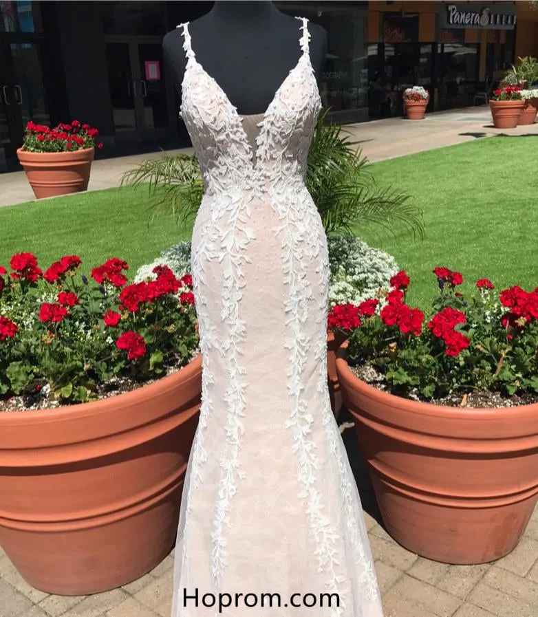 Long Lace Applique Mermaid Prom Dresses
