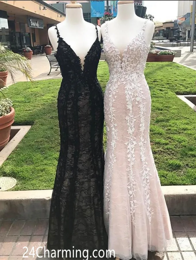 Long Lace Applique Mermaid Prom Dresses
