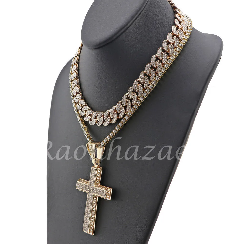 MENS 14K GOLD PT JESUS CROSS 18" TENNIS CHAIN 16" 30" CHOKER CUBAN CHAIN S30G