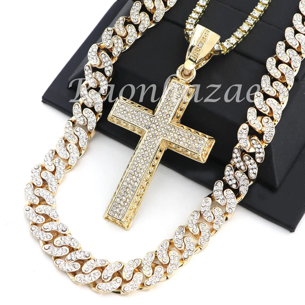 MENS 14K GOLD PT JESUS CROSS 18" TENNIS CHAIN 16" 30" CHOKER CUBAN CHAIN S30G