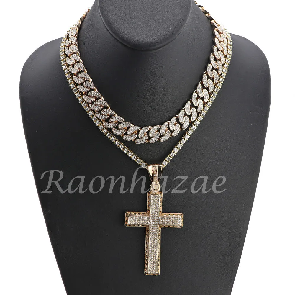 MENS 14K GOLD PT JESUS CROSS 18" TENNIS CHAIN 16" 30" CHOKER CUBAN CHAIN S30G