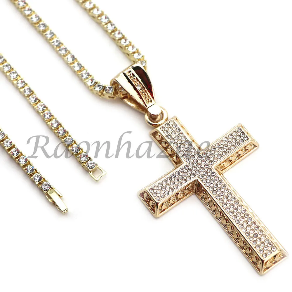 MENS 14K GOLD PT JESUS CROSS 18" TENNIS CHAIN 16" 30" CHOKER CUBAN CHAIN S30G