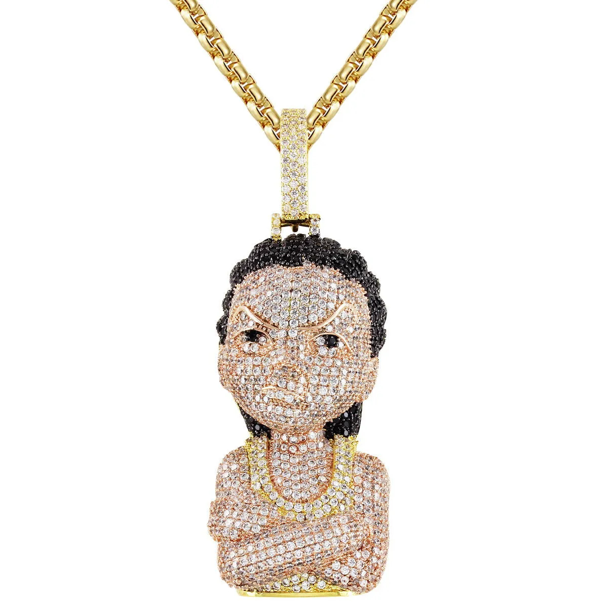 Mens Gold Finish Hip Hop Cartoon Character Face Silver Pendant