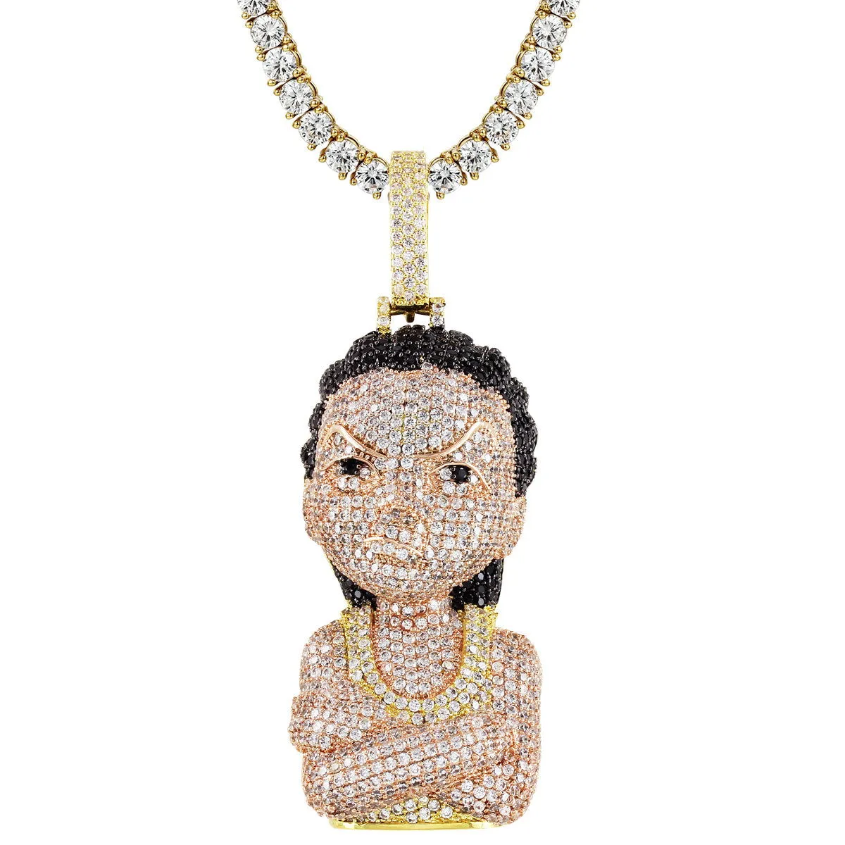 Mens Gold Finish Hip Hop Cartoon Character Face Silver Pendant