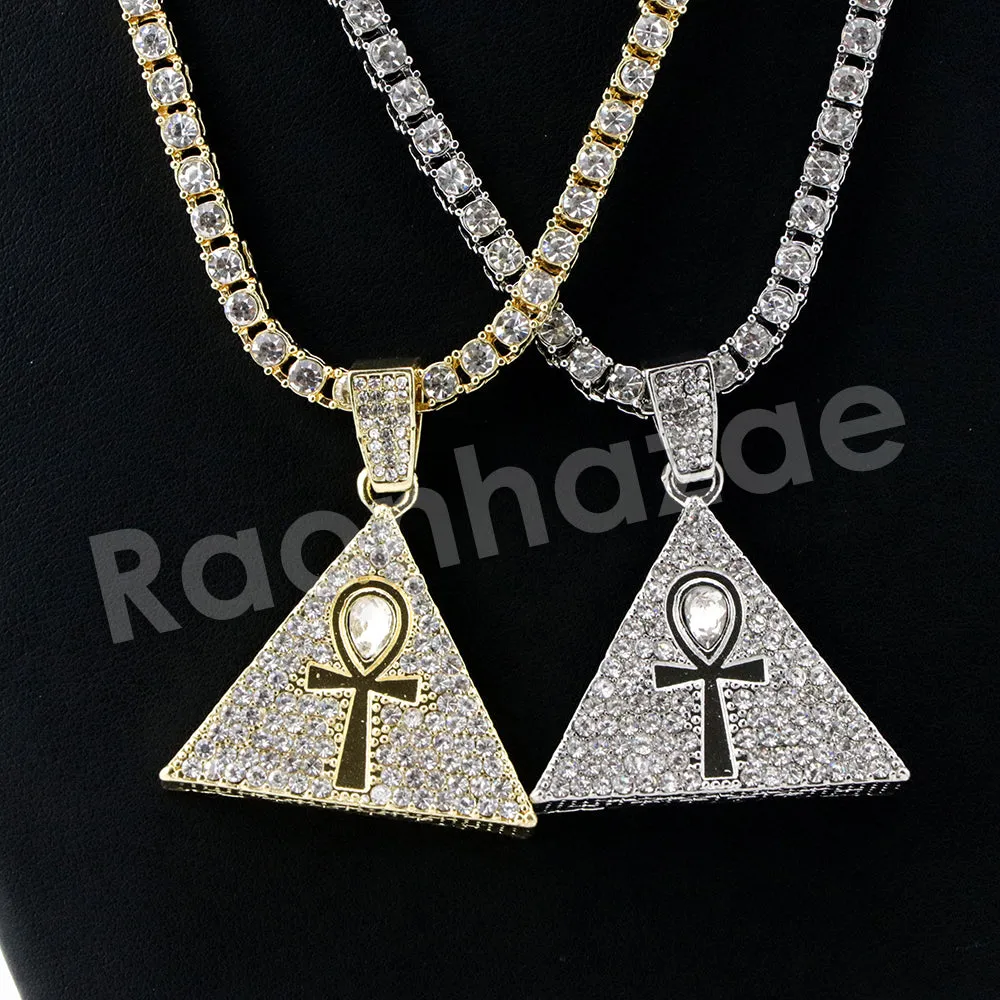 Micro Pave Tri Ankh Cross Pendant w/ 18" Tennis / 30" Cuban Chain X5