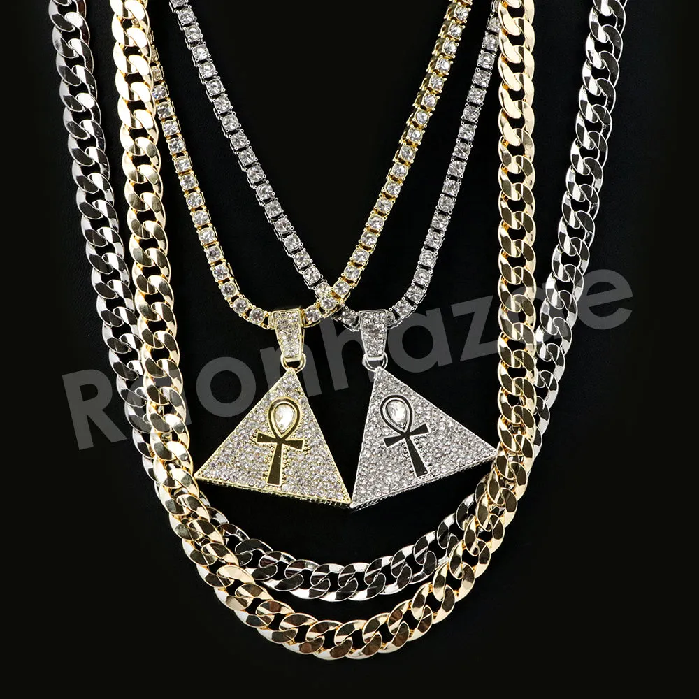 Micro Pave Tri Ankh Cross Pendant w/ 18" Tennis / 30" Cuban Chain X5