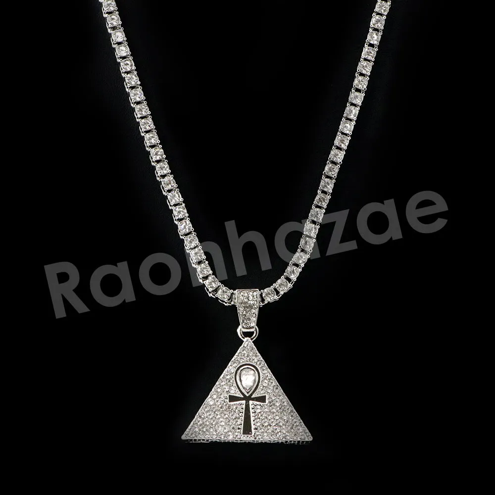 Micro Pave Tri Ankh Cross Pendant w/ 18" Tennis / 30" Cuban Chain X5