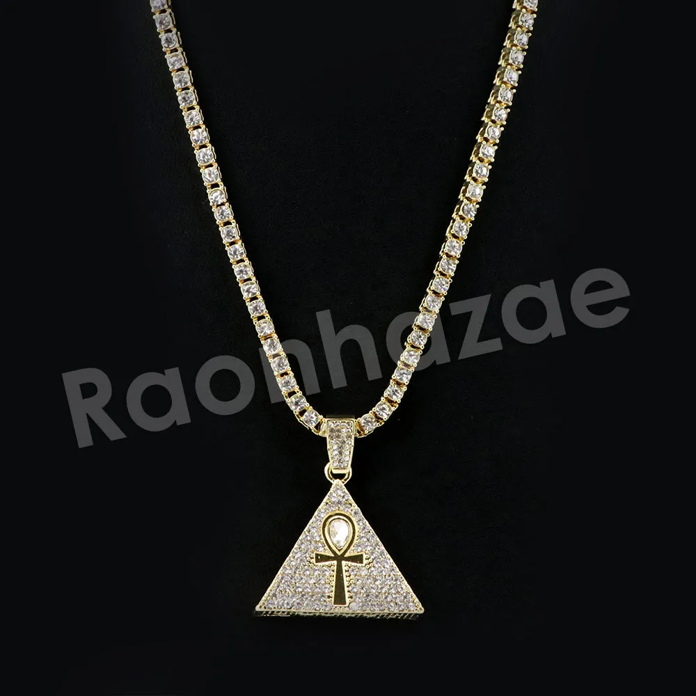 Micro Pave Tri Ankh Cross Pendant w/ 18" Tennis / 30" Cuban Chain X5