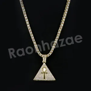 Micro Pave Tri Ankh Cross Pendant w/ 18" Tennis / 30" Cuban Chain X5