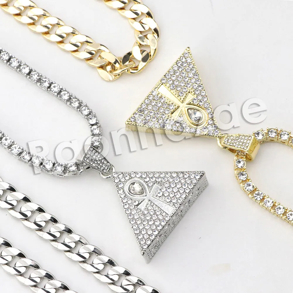 Micro Pave Tri Ankh Cross Pendant w/ 18" Tennis / 30" Cuban Chain X5