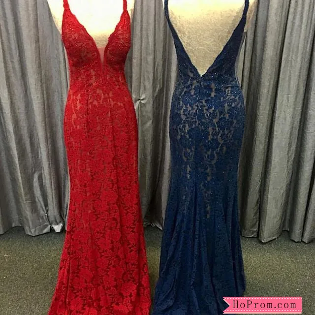 Navy Blue V neck Mermaid Lace Prom Dress