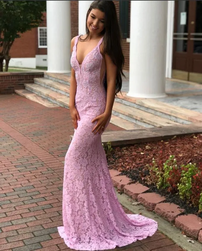 Navy Blue V neck Mermaid Lace Prom Dress