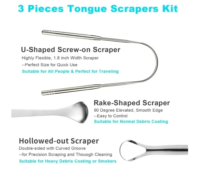 NEW 3 pack Metal Tongue Scraper, Tongue Scrapers for Adults Kids, Stainless Steel Tounge Scrappers, Tounge Scraper Cleaner, Portable Tongue Cleaner Silver