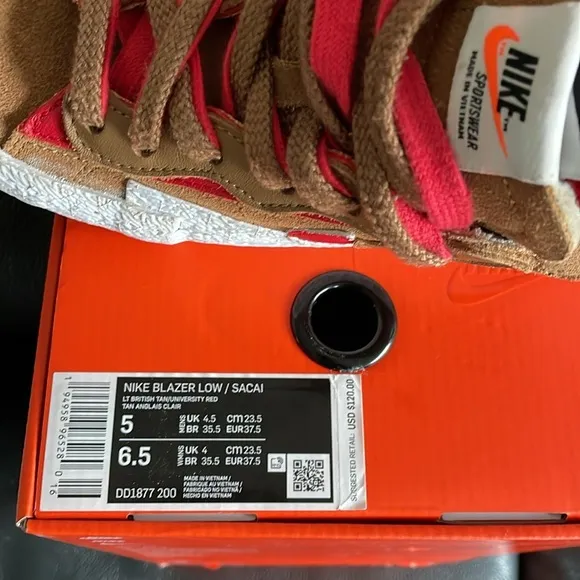 Nike Sacai Blazer LowRider Sneakers Tan and Red Size 5