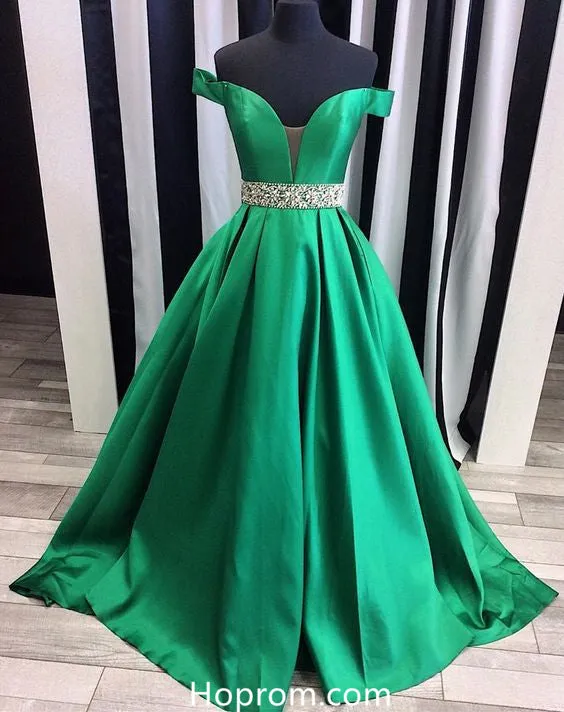 Off Shoulder Satin Prom Dresses Beading  Waist Green Evening Dresses