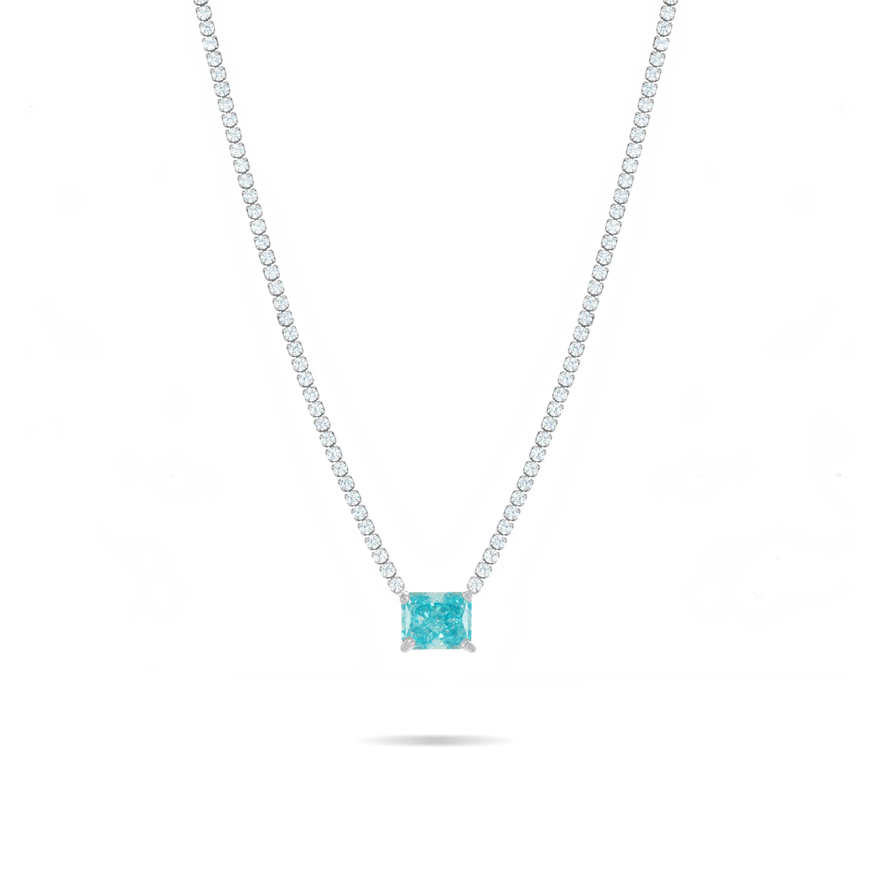One Big Rectangle Tennis Choker - Silver Aquamarine And White