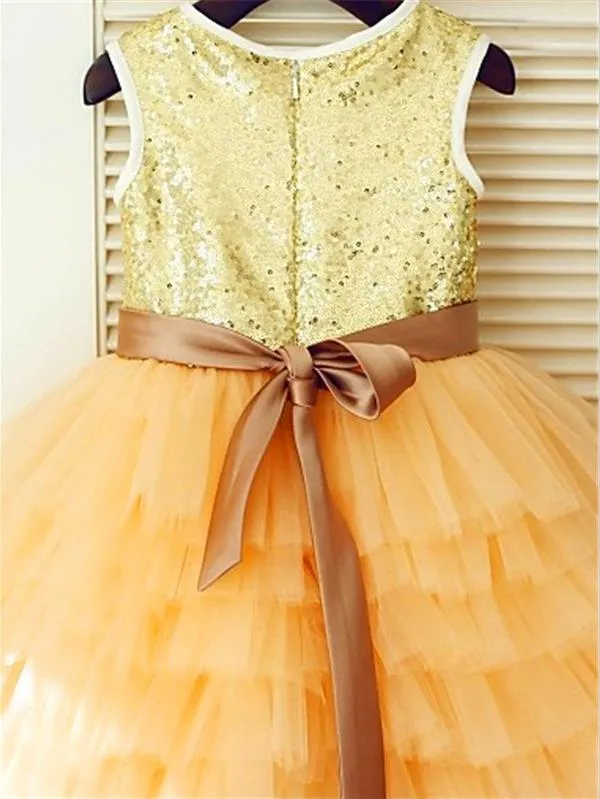 Princess Sequin Tulle Sleeveless Flower Girl Dresses With Hand-Made Flower