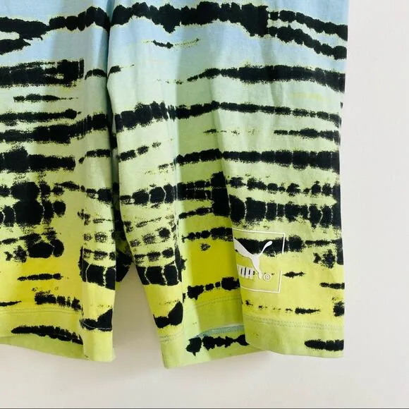 PUMA Blue Green Ombre Black Tie Dye Striped High Rise 7&quot; Biker Shorts M Gym Run