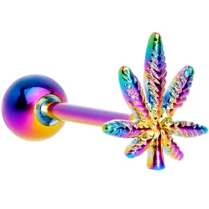 Rainbow Titanium Anodized 3-D Pot Leaf Barbell Tongue Ring
