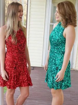 Red & Green Halter Paillette Short Homecoming Dresses