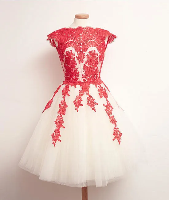 Red Lace Tulle Short Prom Dress, Homecoming Dress