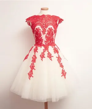 Red Lace Tulle Short Prom Dress, Homecoming Dress