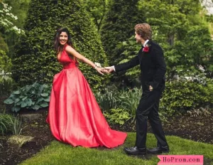Red V-Neck Mikado Ball Prom Gown Prom Dress with Bow Back