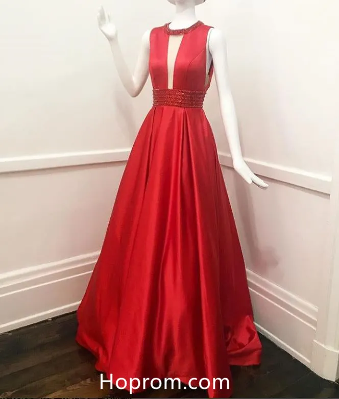 Round Neckline Red Long Prom Dresses 2018 Onine Evening Dresses