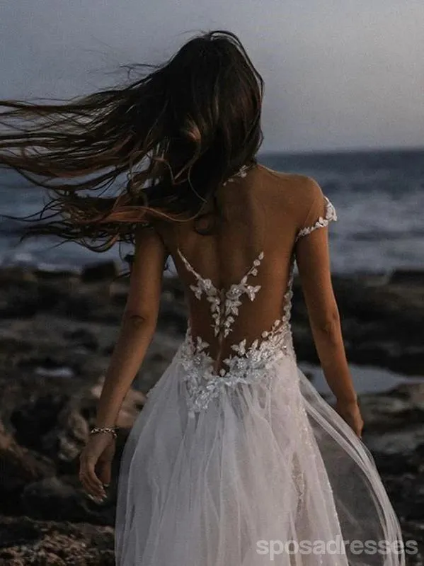 See Through Off Shoulder Long A-line Lace Wedding Dresses Online,WD747