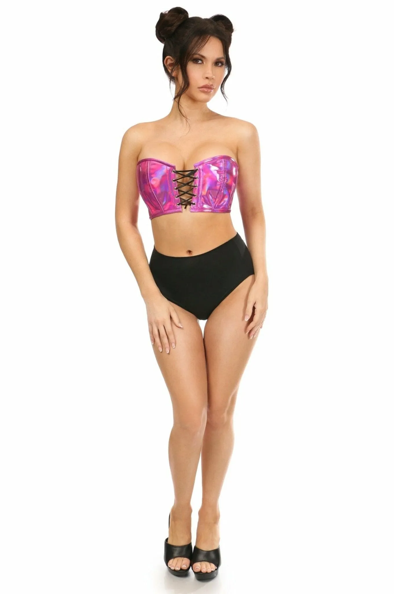 Sexy Fuchsia Holo Lace-Up Bustier Top