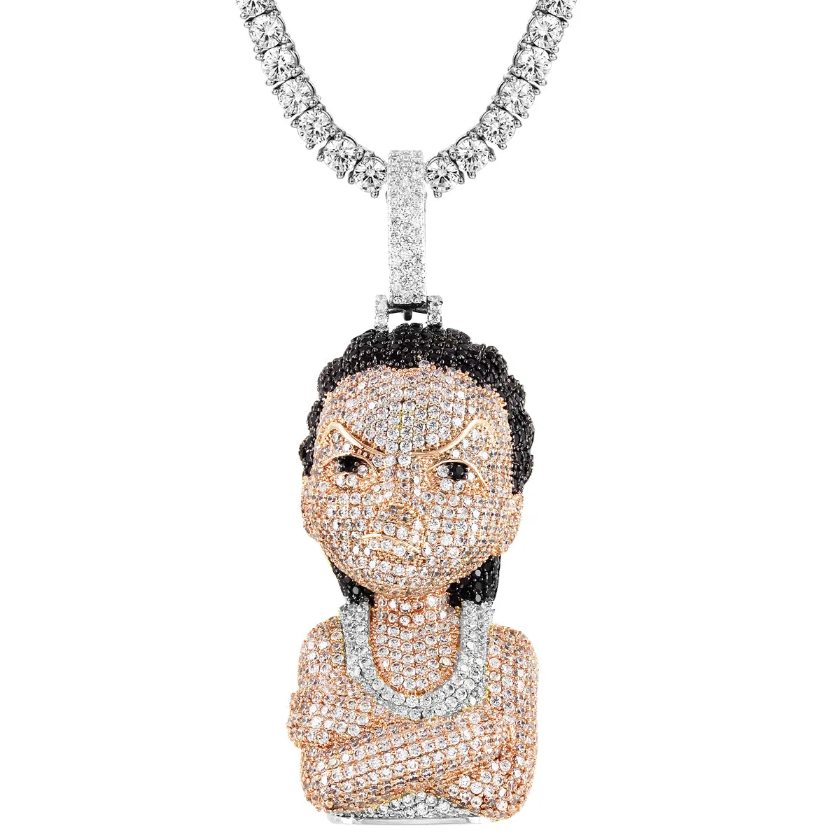 Silver Comic Gangster Character Micro Pave Pendant Free Chain