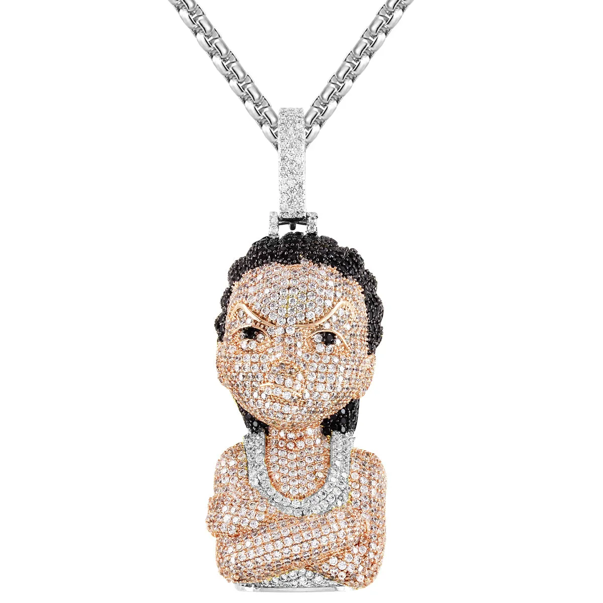 Silver Comic Gangster Character Micro Pave Pendant Free Chain