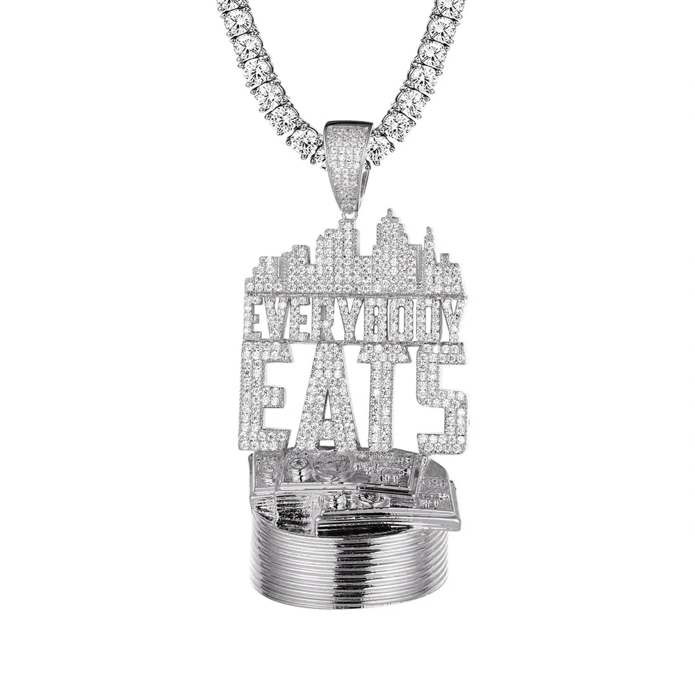 Silver Everybody Eats Money Bills Hip Hop Mens Pendant Necklace