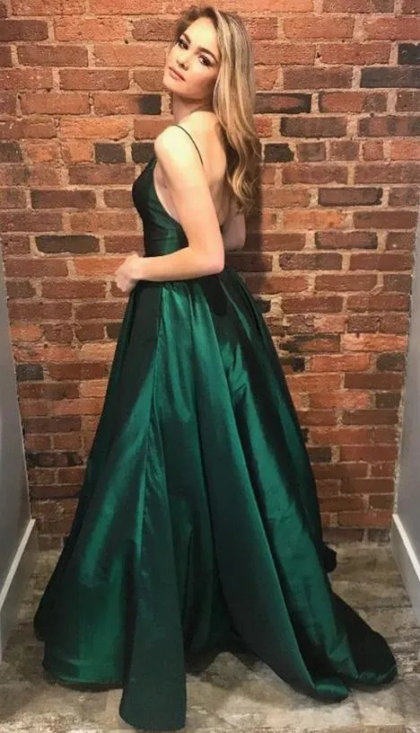 Simple Spaghetti Straps Prom Dresses Split V Neck Evening Dress 3 Colors