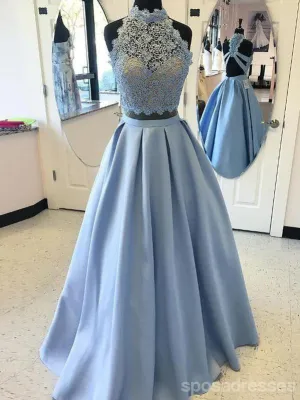 Sky Blue A-line Halter Two Pieces Cheap Long Prom Dresses Online,12620