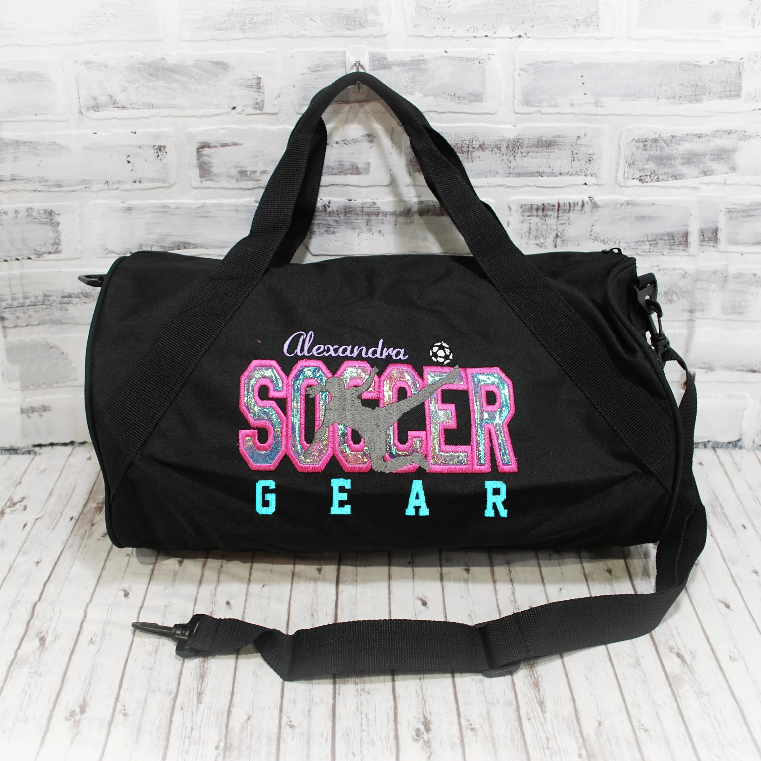 Soccer Gear Pink Purple Personalized Duffle or Tote Bag