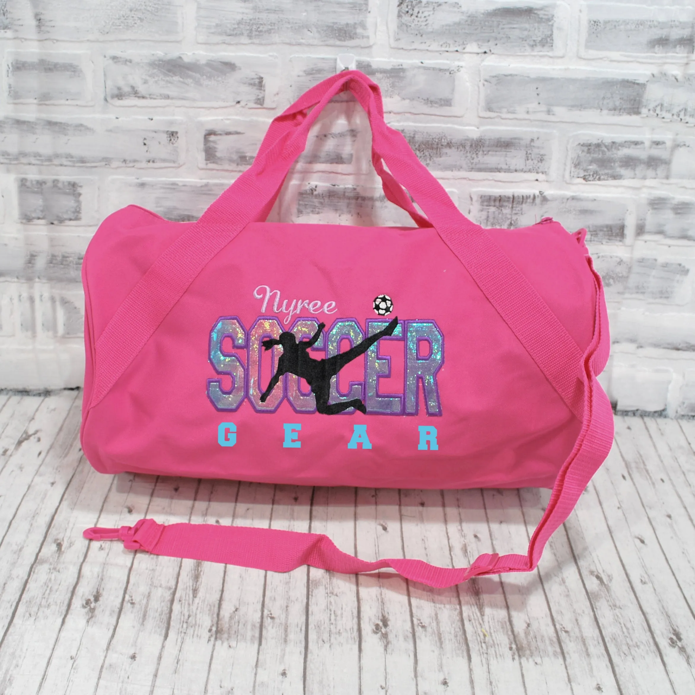 Soccer Gear Pink Purple Personalized Duffle or Tote Bag