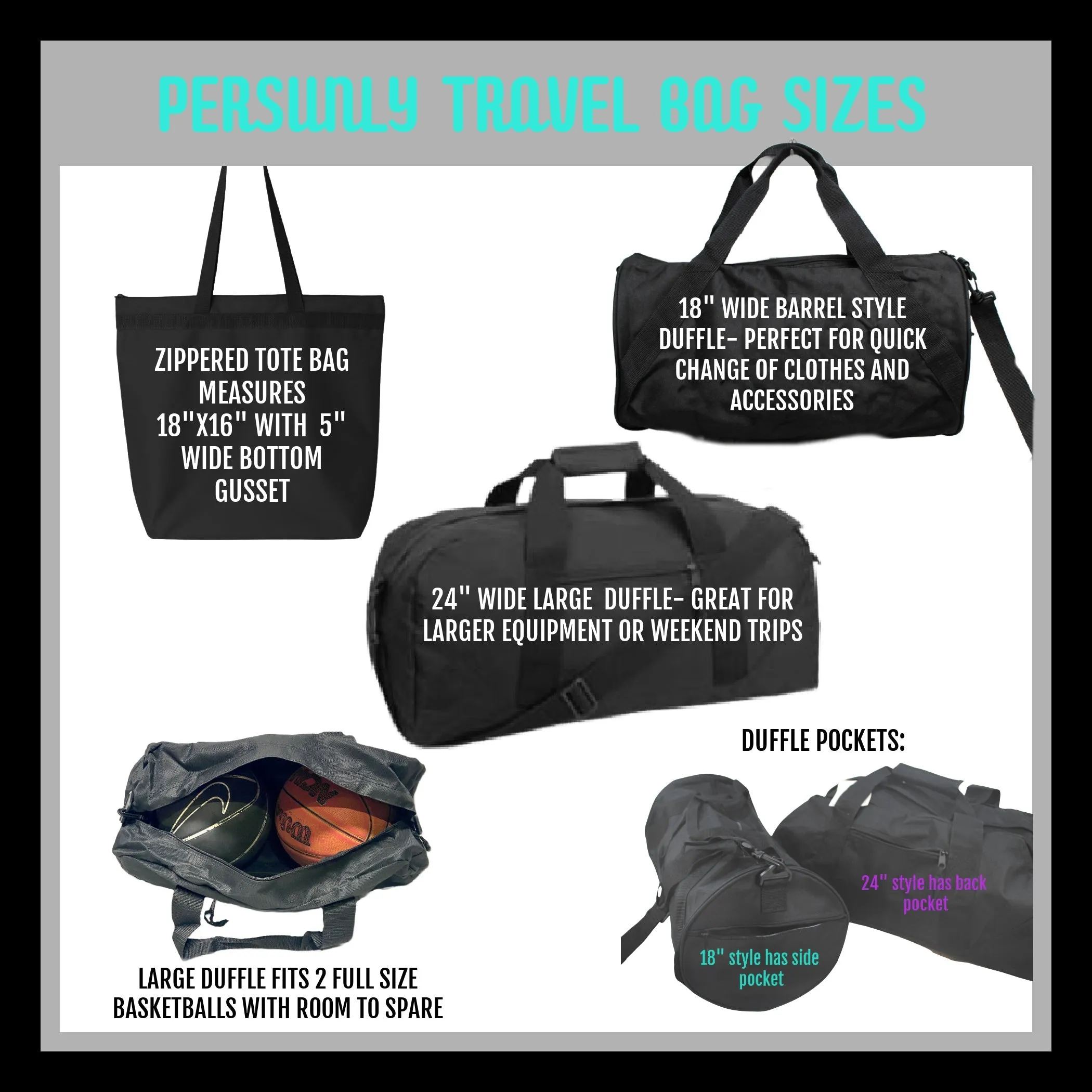 Soccer Gear Pink Purple Personalized Duffle or Tote Bag