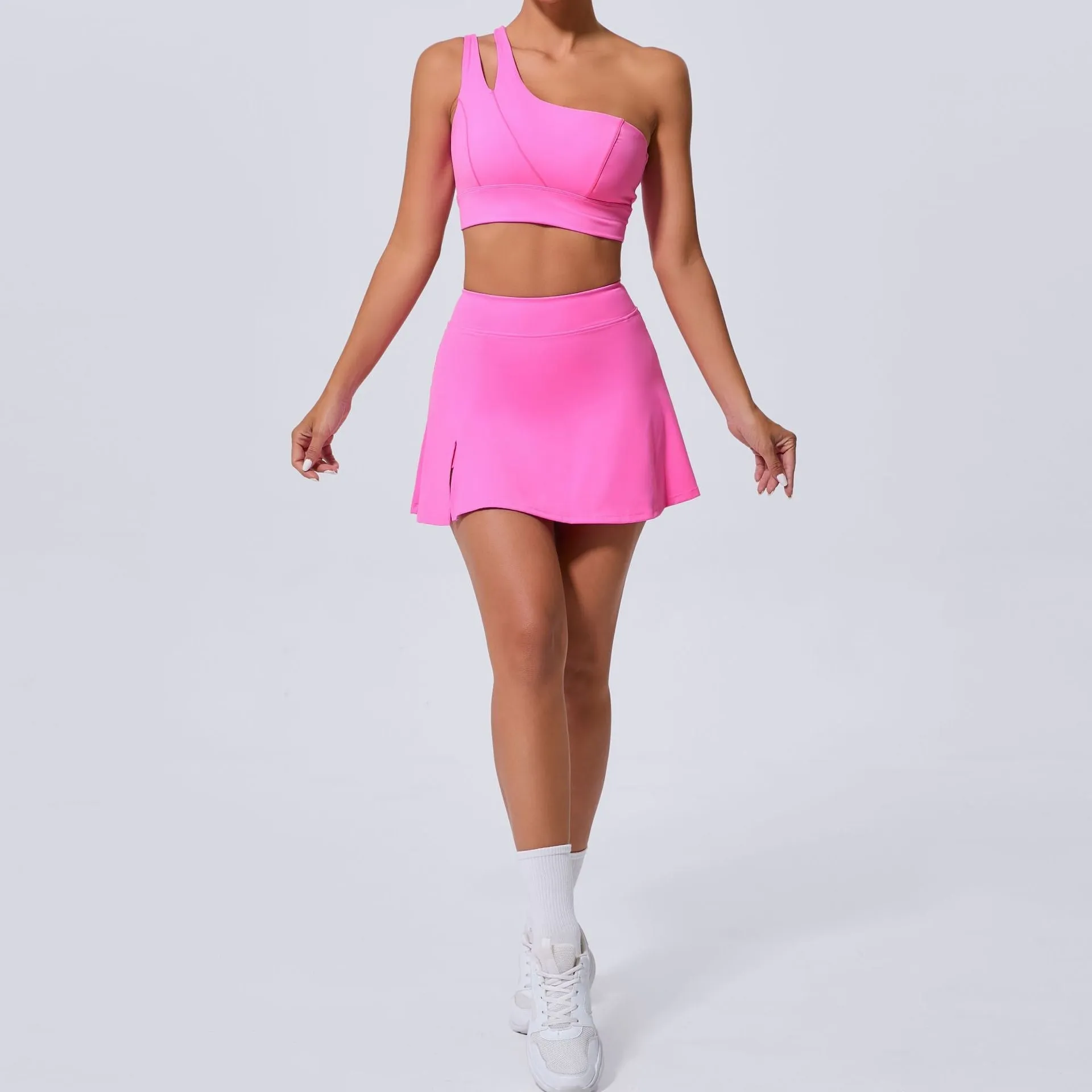 Stylish Slash Shoulder Bra and Pocket Skirt Yoga Set for Active Women